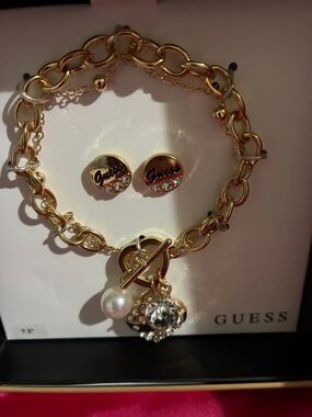 Guess Gold-Tone Charm Bracelet and Crystal & Pearl Stud Earrings